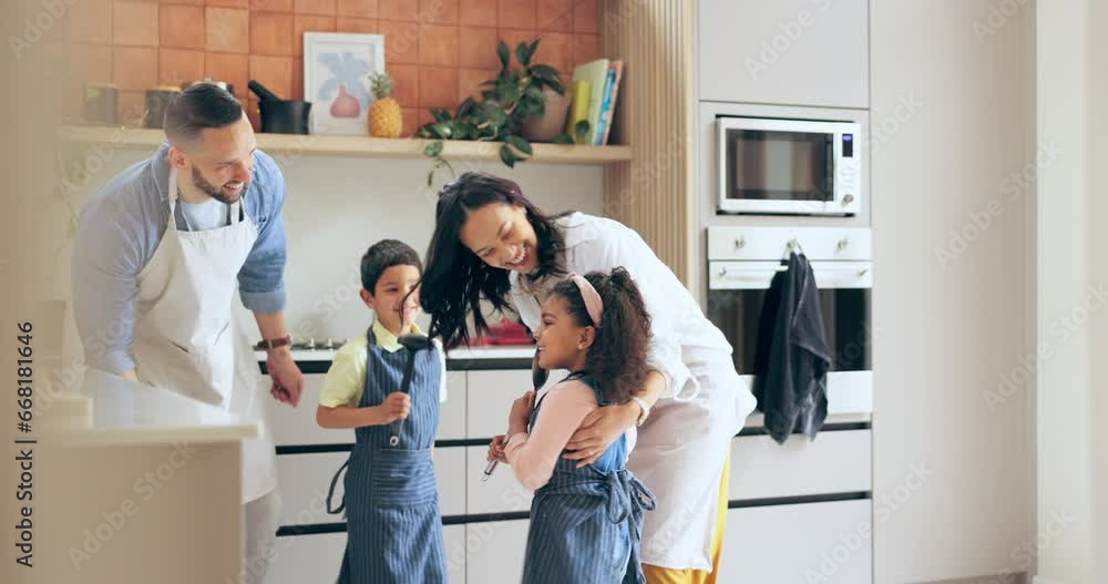 Poster Parents, children and dancing while cooking in kitchen with preparation for dinner with vegetables. Happy family, smile and bond for quality time together with help for teaching, nutrition and food