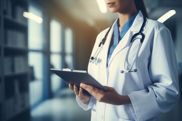 young female woman medical worker - doctor or researcher holding a tablet and looking at the documents, with blue technology cyber overlay
