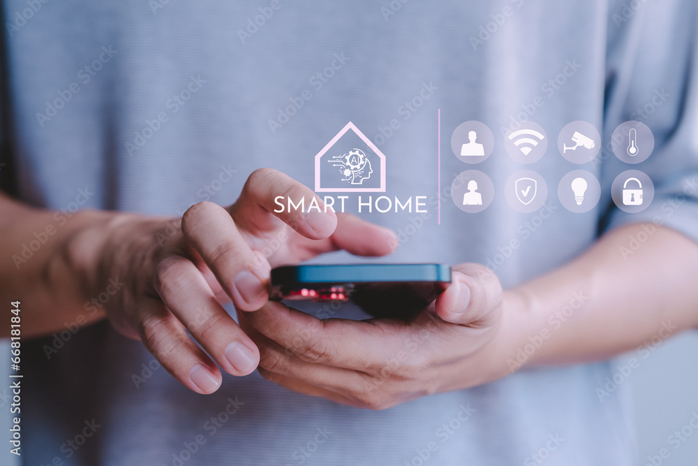 Poster Adult man control technology AI smart home devices using a mobile phone with launched application. Internet of Things of smart home automation apps concept.