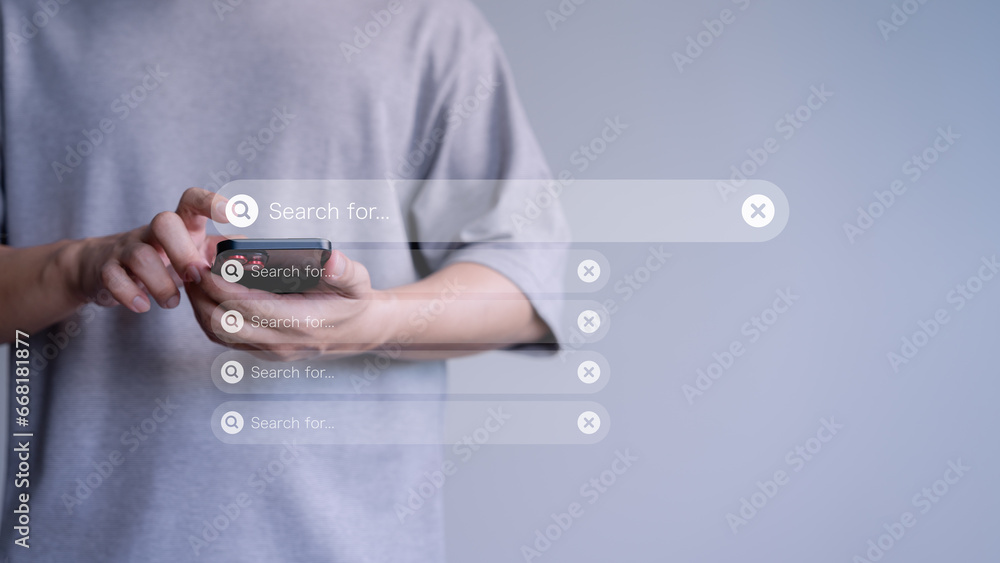 Poster Man using a mobile phone searching browsing internet data information. Search engine optimization the internet with search bar. Best SEO technology networking.