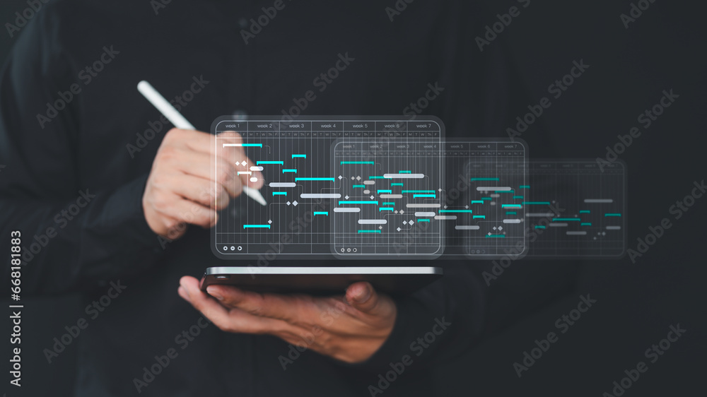 Fototapete Man use a pen and tablet with technology in business analytic and data management system to make report with KPI and connect to database. Corporate strategy for operations, planning, marketing.