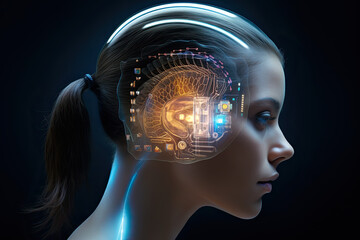  female head and a section of his brain with a chip hologram