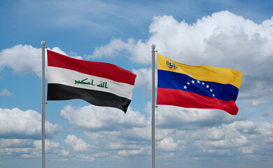 Venezuela and Iraq flags, country relationship concept