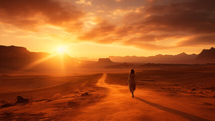 woman walking in the desert. Travel and adventure concept.