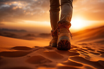 Hiking boots on the sand dune in the desert at sunset