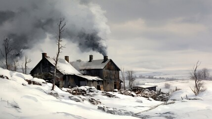 A snow-covered, rustic barn with a smoking chimney, nestled in a white, wintry landscape.