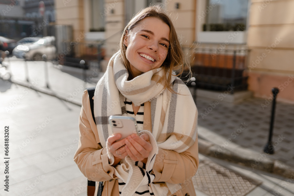 Wall mural stylish woman walking in winter street