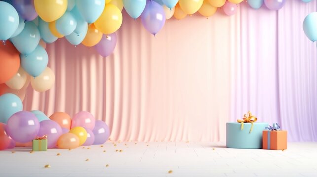 Balloon garland decoration elements. Frame arch birthday, baby shower party celebration, holiday, wedding. Pastel cream and gold, beige. Party template banner background with empty space. 3d render