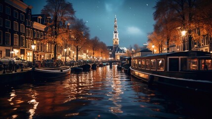 Amsterdam Netherlands canals with Christmas lights during December, canal historical center of Amsterdam at night. Europe. Holland - obrazy, fototapety, plakaty