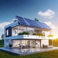 futuristic generic smart home with solar panels rooftop system for renewable energy concepts as banner with copyspace area. 3D rendering house against background of blue sky with clouds on sunny day