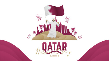 Qatar National Day Banner With Arab Man Holding Flag and City Fireworks Background