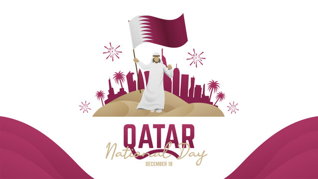 Qatar National Day Banner With Arab Man Holding Flag and City Fireworks Background - Powered by Adobe