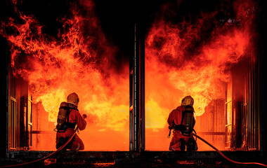 Firefighter Concept. Fireman using water and extinguisher to fighting with fire flame. firefighters fighting a fire with a hose and water during a firefighting training exercise