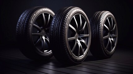 New car tires. Group of road wheels on dark background mockup banner with copy space. Summer Tires with asymmetric tread design. Driving car concept