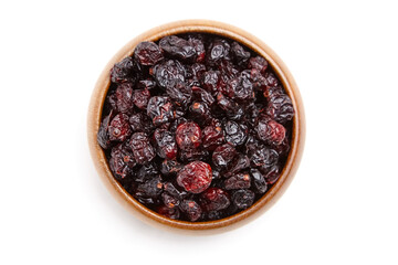 Dried and sweetened cranberries in wooden bowl isolated on white background, top view. Dehydrated berries