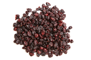 Dried and sweetened cranberries isolated on white background, top view. Heap of dehydrated berries