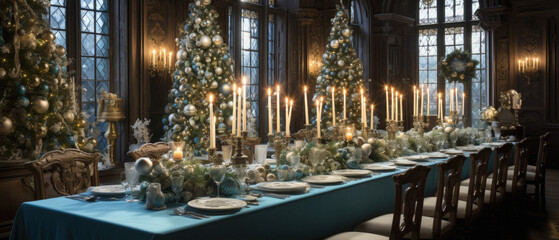 Christmas table setting with christmas trees and decorations.