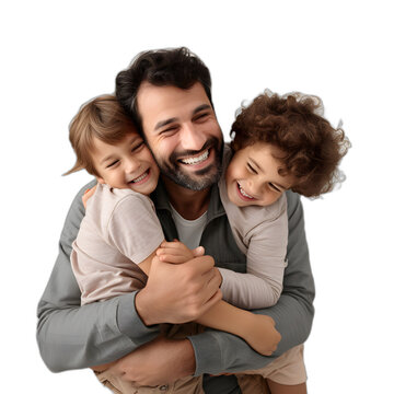 father hugging his children isolated on transparent or white background, png