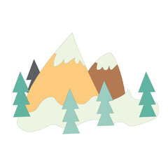 Illustration: mountains, snow, fir trees, natural composition. Suitable for creating patterns, decorating business cards, flower shops, printing and websites.