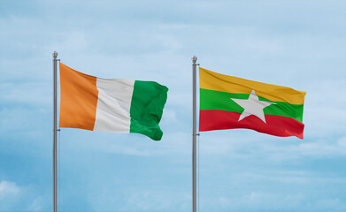 Myanmar and Ivory Coast flags, country relationship concept