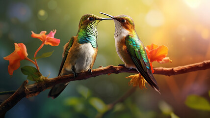 Fototapeta premium Two beautiful multicolored hummingbirds in love on a tree branch in the garden