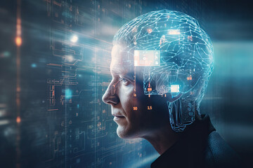 Person's head and a section of his brain with a chip hologram