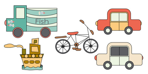A set with illustrations of transport: cars, a machine for transporting fish, a bicycle, a ship. Suitable for creating patterns, decorating business cards, flower shops, printing and websites.