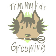 Logo with a dog, scissors in teeth and a suitable inscription for a grooming salon