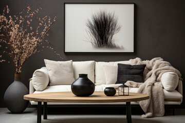 Vase with pampas grass and black round coffee table near white sofa. Big square art poster frame on white wall. Japandi interior design of modern living room. 