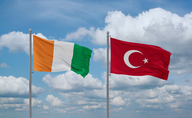 Turkey and Ivory Coast flags, country relationship concept