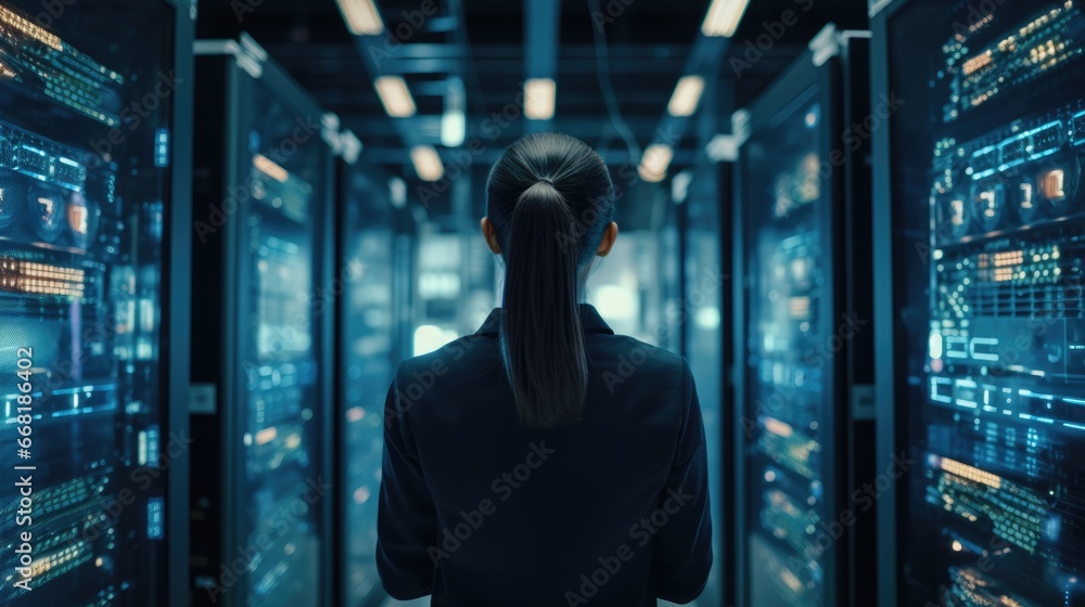 Poster back view of successful female data center it specialist. system engineer working for cyber data sec