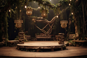 Empty stage set within a forest environment. Wooden platforms, tree trunk pillars, and hanging vines
