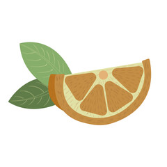 Illustration: orange slice with green leaves. Suitable for creating patterns, decorating business cards, shops, booklets, for printing and websites.