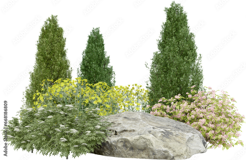Poster realistic small garden. 3d rendering of isolated objects.