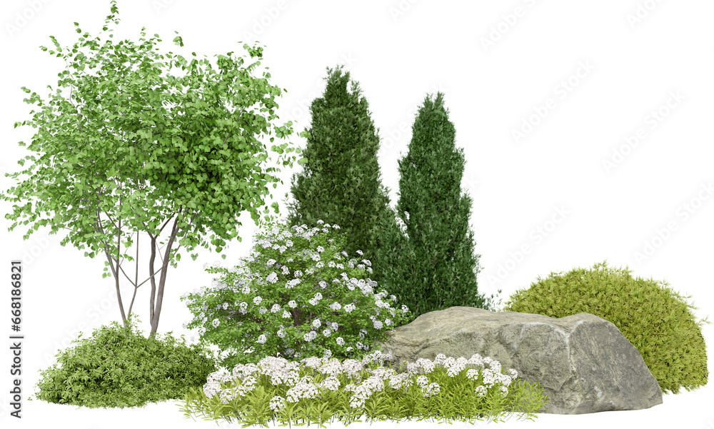 Poster realistic small garden. 3d rendering of isolated objects.
