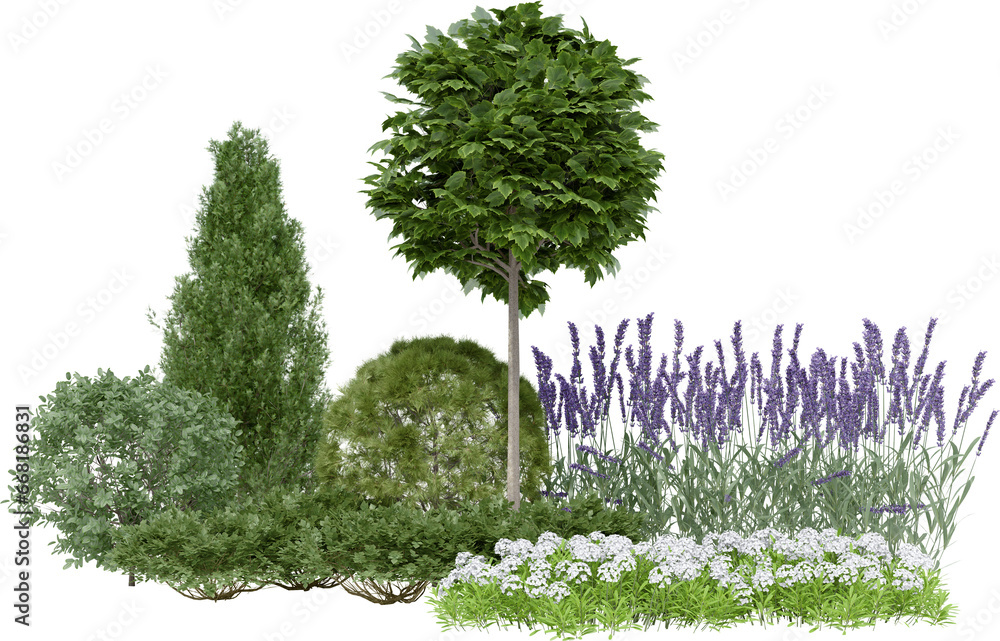 Poster realistic small garden. 3d rendering of isolated objects.
