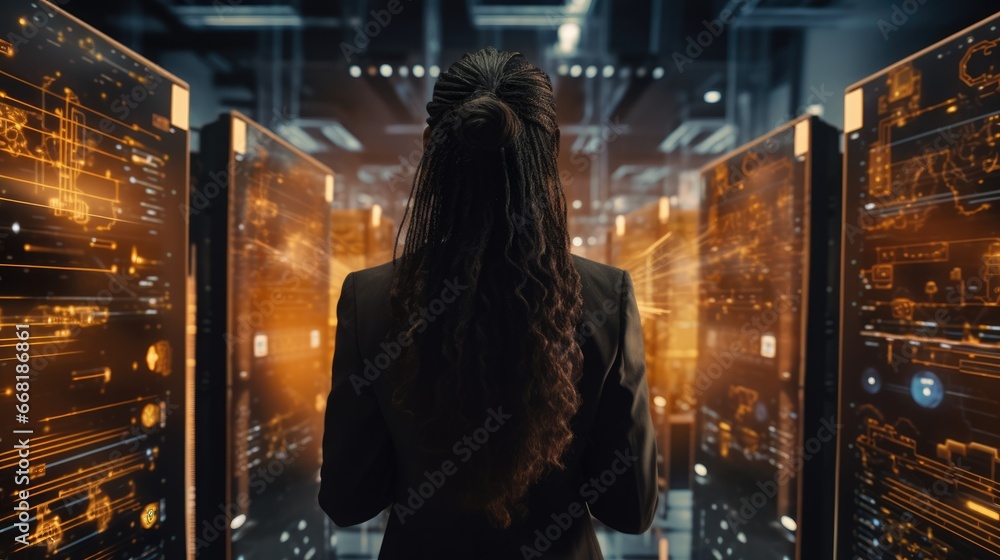 Poster back view of successful female data center it specialist. system engineer working for cyber data sec