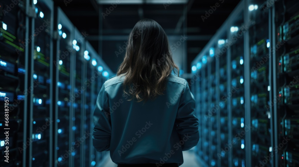 Poster back view of successful female data center it specialist. system engineer working for cyber data sec
