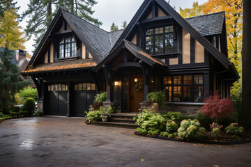 Tudor style family house exterior with gable roof and timber framing. Wooden garage doors in home cottage. 