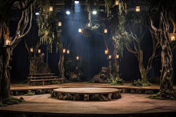 Empty stage set within a forest environment. Wooden platforms, tree trunk pillars