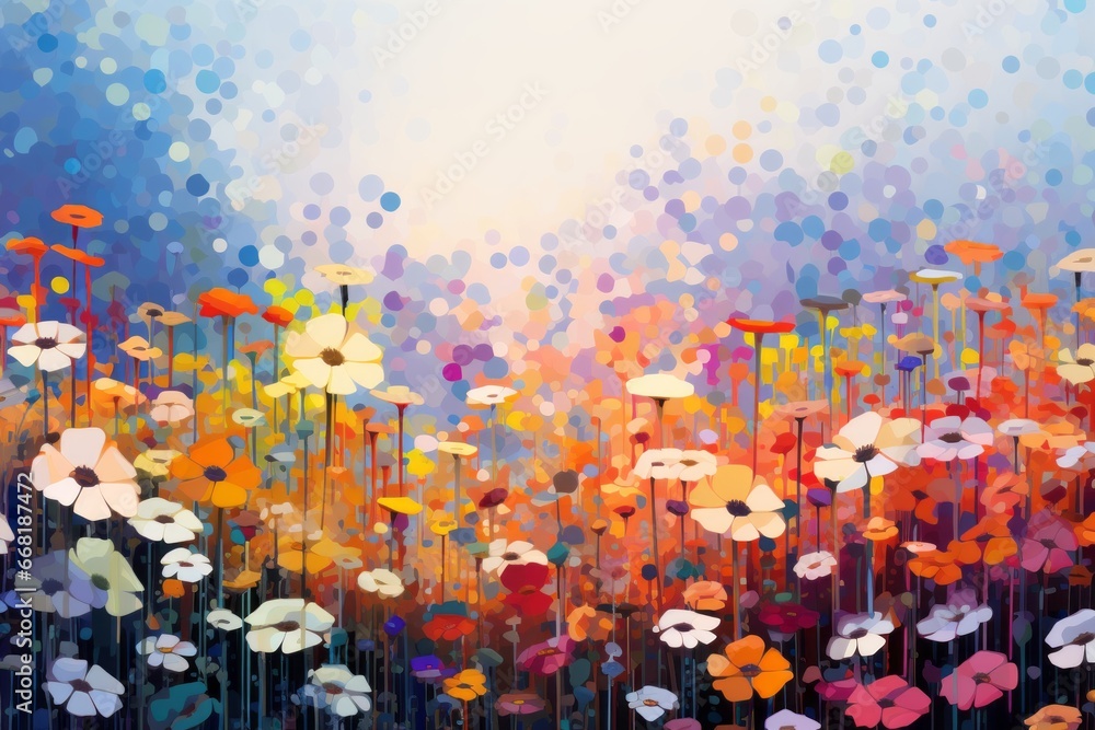 Poster an abstract pixelated representation of a pixelated wildflower meadow, with a profusion of pixelated