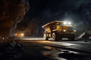 Large mining trucks work the night shift. Several huge quarry trucks carry the rock for beneficiation and processing. Several heavy trucks drive through an underground mine tunnel.