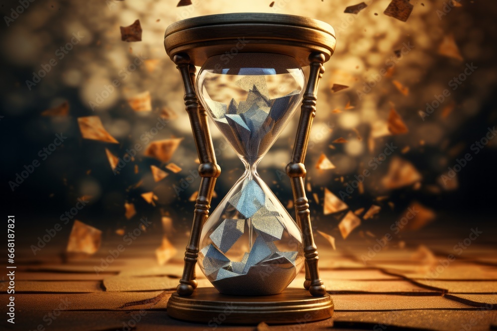 Poster A pixelated digital illusion of a shattered hourglass, its granules pixelated into fractured patterns, symbolizing the disintegration of time.