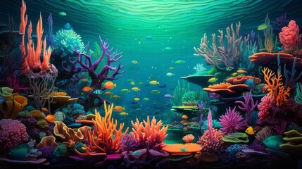 Obraz na płótnie Canvas A pixelated digital illusion of a surreal underwater world with pixelated coral reefs and pixelated marine life.