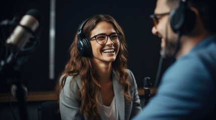 Happy female record a podcast with headphones smiling and looking on male guest while interviewing for online show in studio. - obrazy, fototapety, plakaty