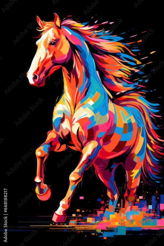 Poster a pixelated digital illusion of a regal horse with pixelated mane and tail flowing in pixelated wind