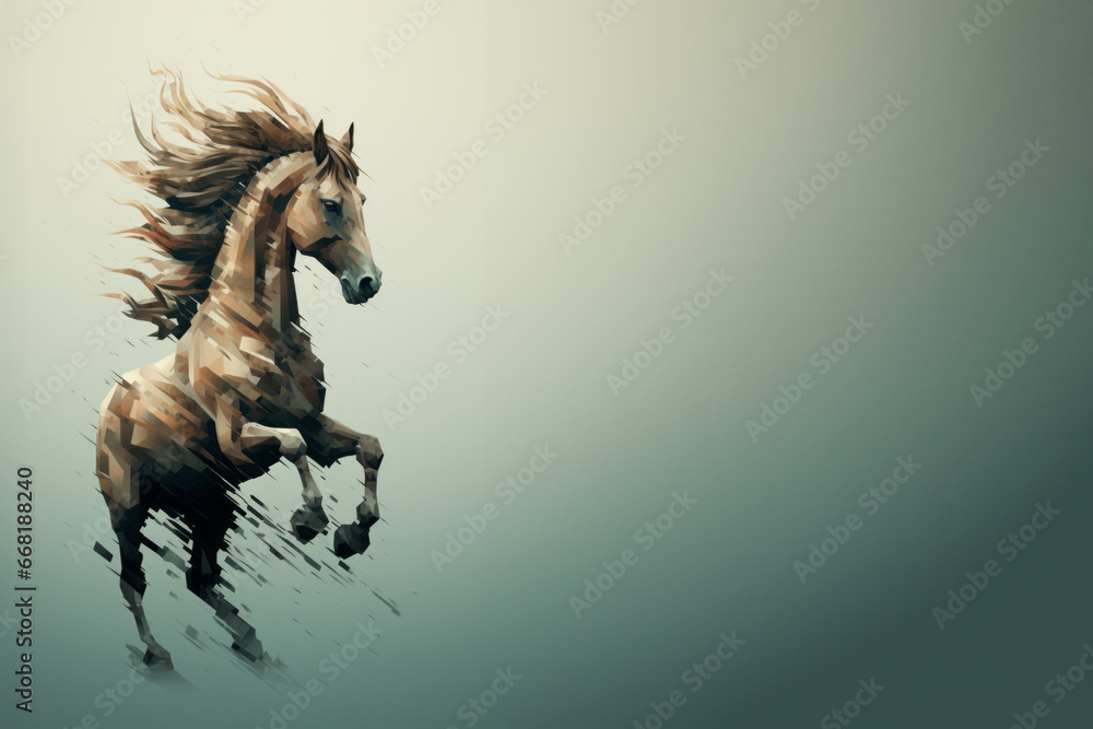 Poster a pixelated digital illusion of a regal horse with pixelated mane and tail flowing in pixelated wind