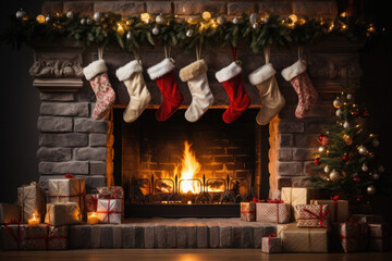 Beautiful Christmas interior with fireplace, gifts and Christmas tree on background.
