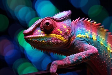 A pixelated digital illusion of a curious chameleon, its color-changing skin depicted with shifting pixels.
