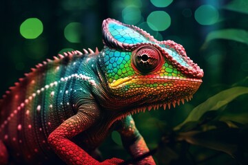 A pixelated digital illusion of a curious chameleon, its color-changing skin depicted with shifting pixels.